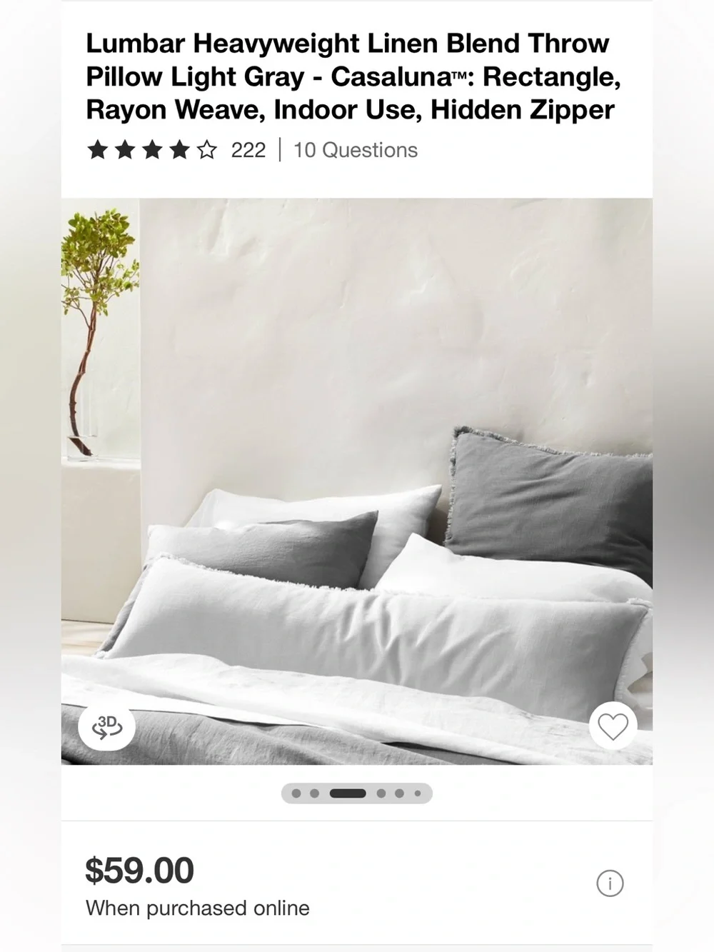 Casaluna Lumbar Heavyweight Linen Blend Throw Pillow Light Grey